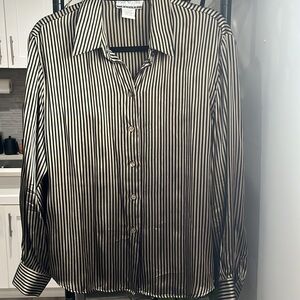 Women’s Large 100% Silk black and beige striped button down